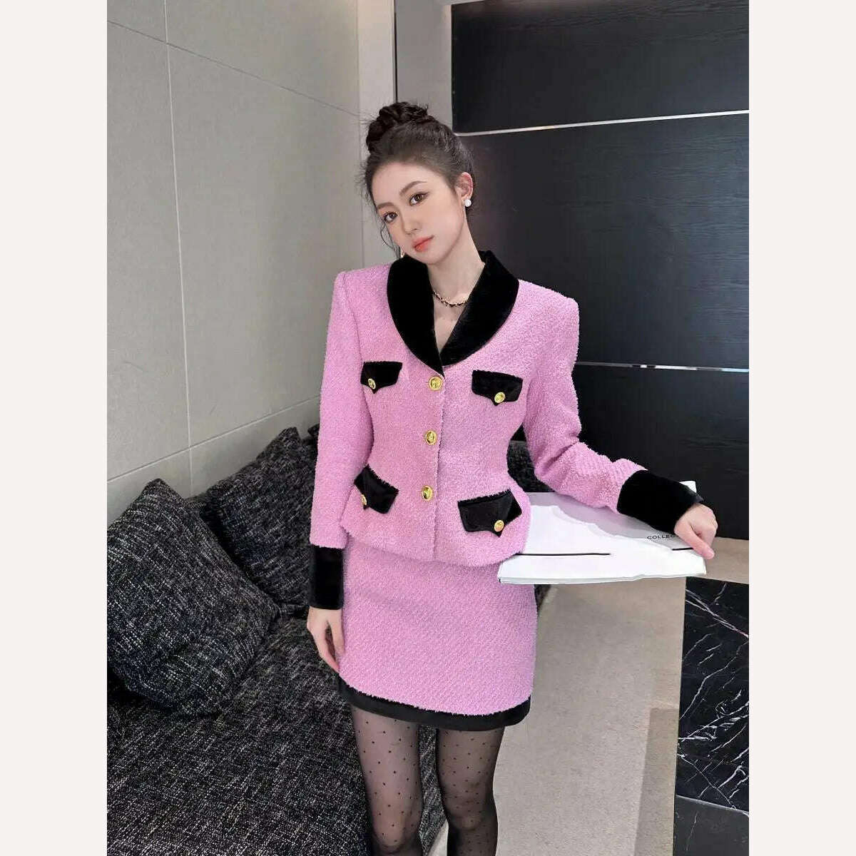 Aoi Vintage High-end Woolen Suit Women Autumn New Velvet Stitching Tweed Coat Slim Top+Short Skirt French Socialite 2-piece Set - KIMLUD