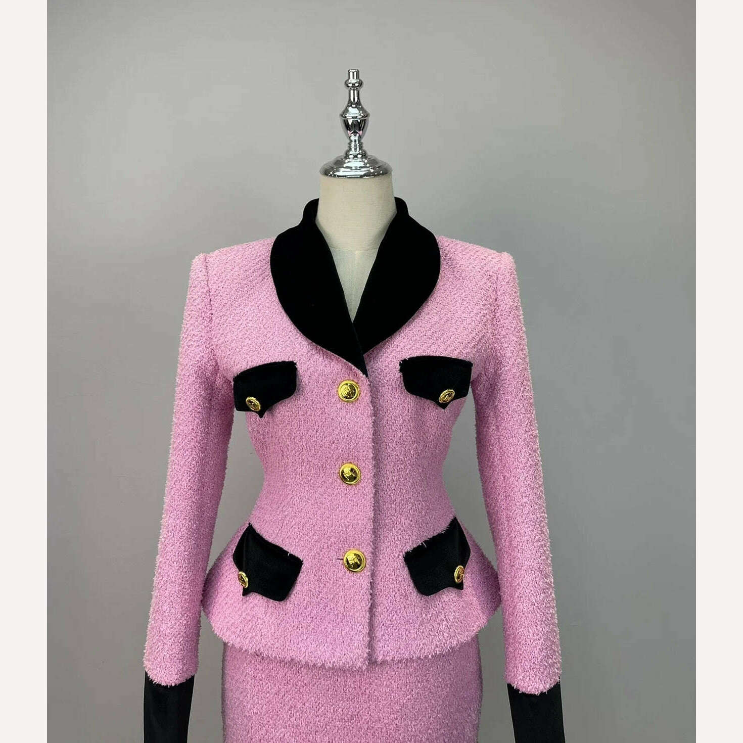 Aoi Vintage High-end Woolen Suit Women Autumn New Velvet Stitching Tweed Coat Slim Top+Short Skirt French Socialite 2-piece Set - KIMLUD
