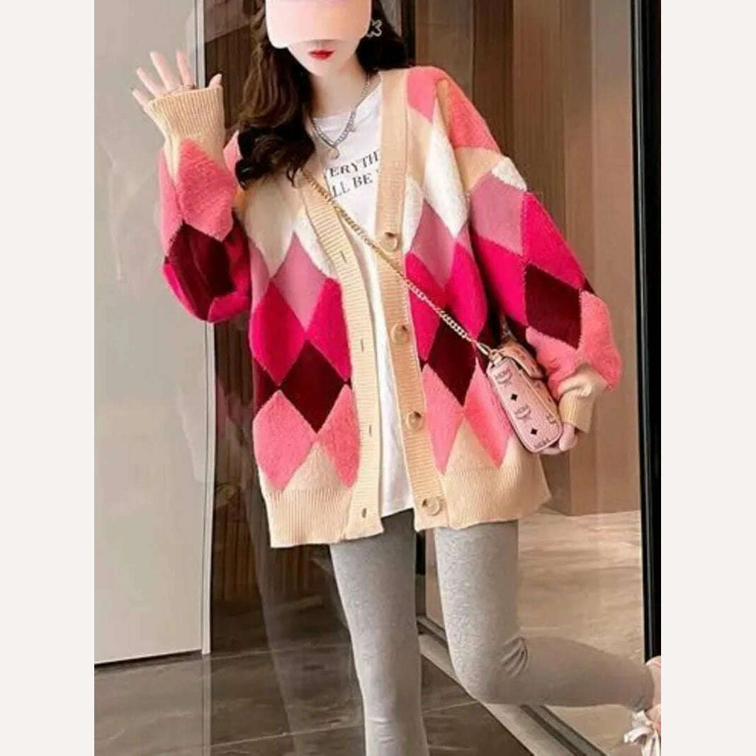 Argyle Cardigan Women Knitted Sweater Loose Single Breasted Students V-neck Lovely Knitwear Korean Oversize Cardigan Winter Tops - KIMLUD