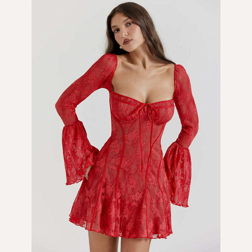Articat Temperament Christmas Red Long Sleeved Dress Women Lace Patchwork Ruffled Edge Mini Dress Female Bodycon Party Evening - KIMLUD
