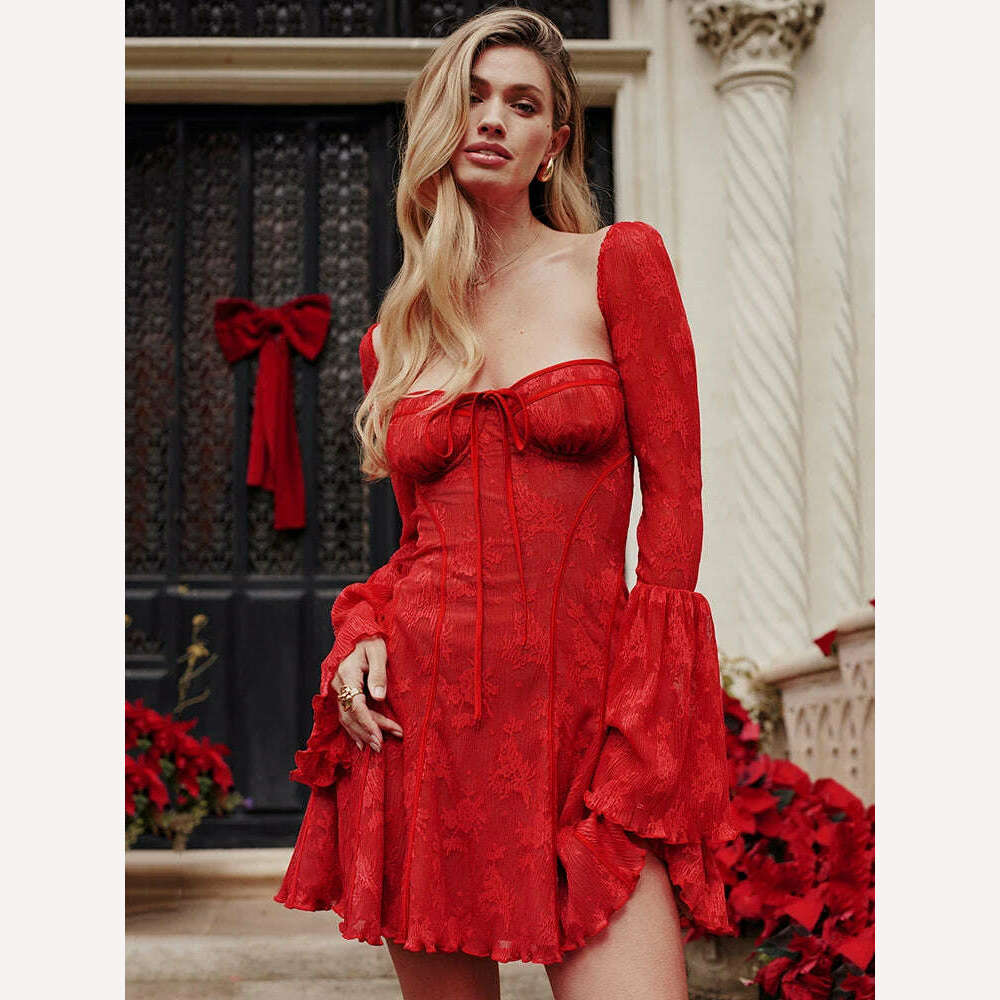 Articat Temperament Christmas Red Long Sleeved Dress Women Lace Patchwork Ruffled Edge Mini Dress Female Bodycon Party Evening - KIMLUD