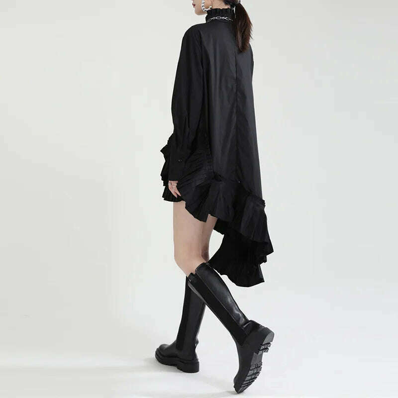 Autumn clothes for women2023New product stand-up collar hem pleated French shirt skirt irregular loose large hem dress - KIMLUD