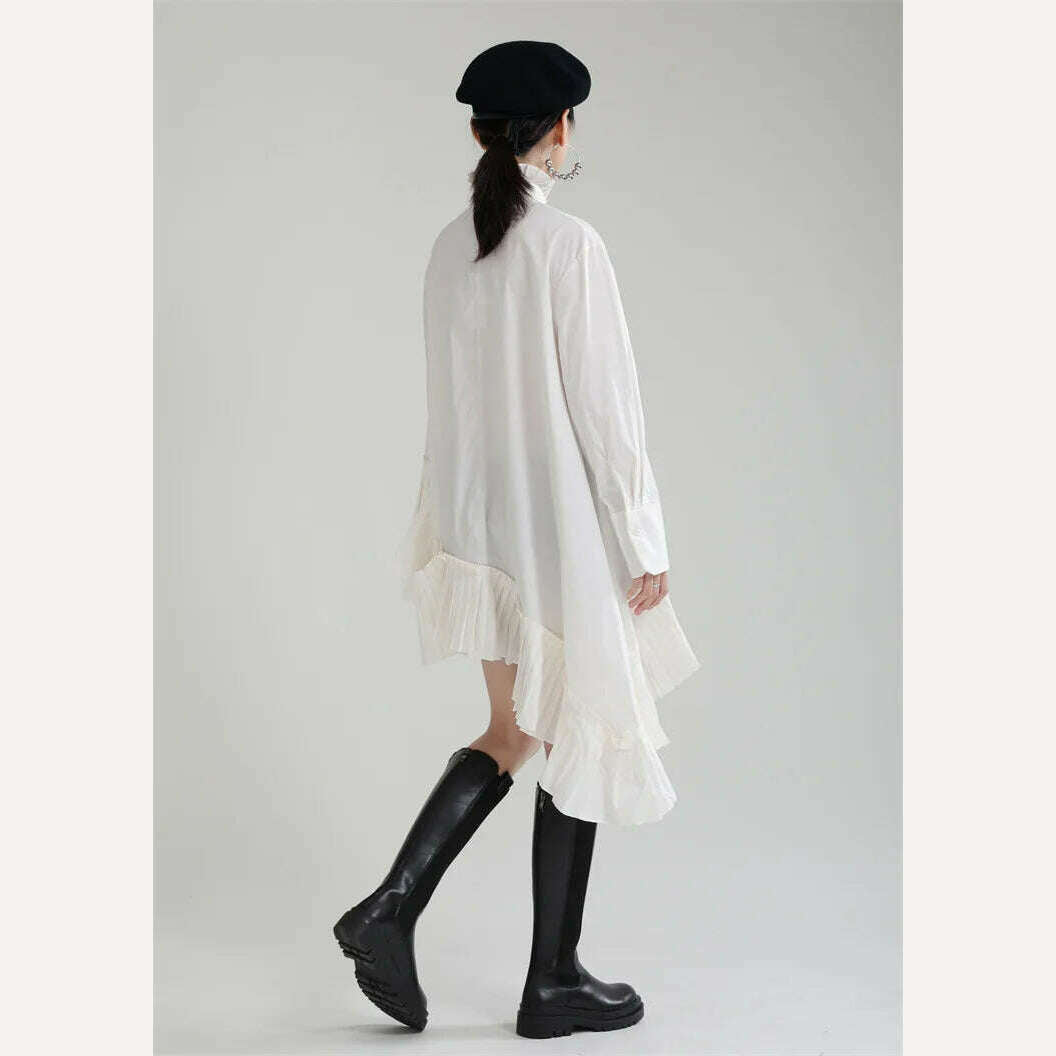 Autumn clothes for women2023New product stand-up collar hem pleated French shirt skirt irregular loose large hem dress - KIMLUD
