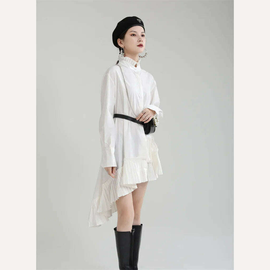 Autumn clothes for women2023New product stand-up collar hem pleated French shirt skirt irregular loose large hem dress - KIMLUD