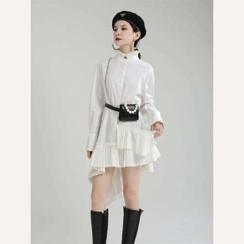 Autumn clothes for women2023New product stand-up collar hem pleated French shirt skirt irregular loose large hem dress - KIMLUD