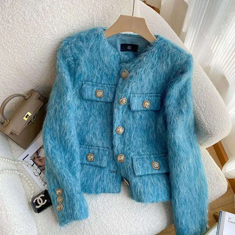 Autumn Collarless Blue Faux Mohair Short Blazer for Women Elegant O Neck Business Lady Single-breasted Outerwear - KIMLUD