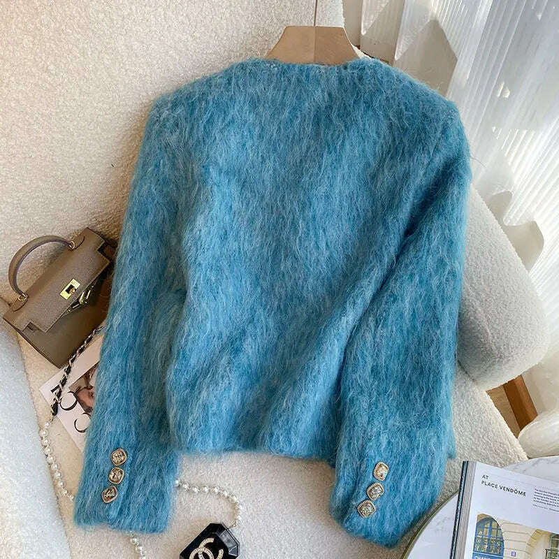 Autumn Collarless Blue Faux Mohair Short Blazer for Women Elegant O Neck Business Lady Single-breasted Outerwear - KIMLUD