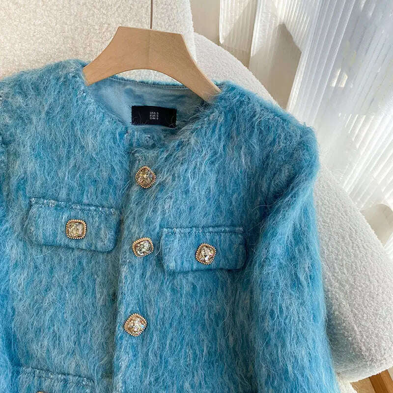 Autumn Collarless Blue Faux Mohair Short Blazer for Women Elegant O Neck Business Lady Single-breasted Outerwear - KIMLUD