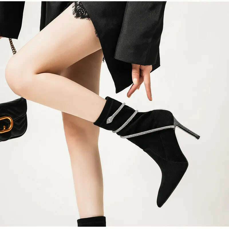 Autumn Winter Fashion Faux Suede Snake Coiled Women Boots Luxury Crystal Stiletto High heels Ankle Boots Shoes Botas Mujer - KIMLUD
