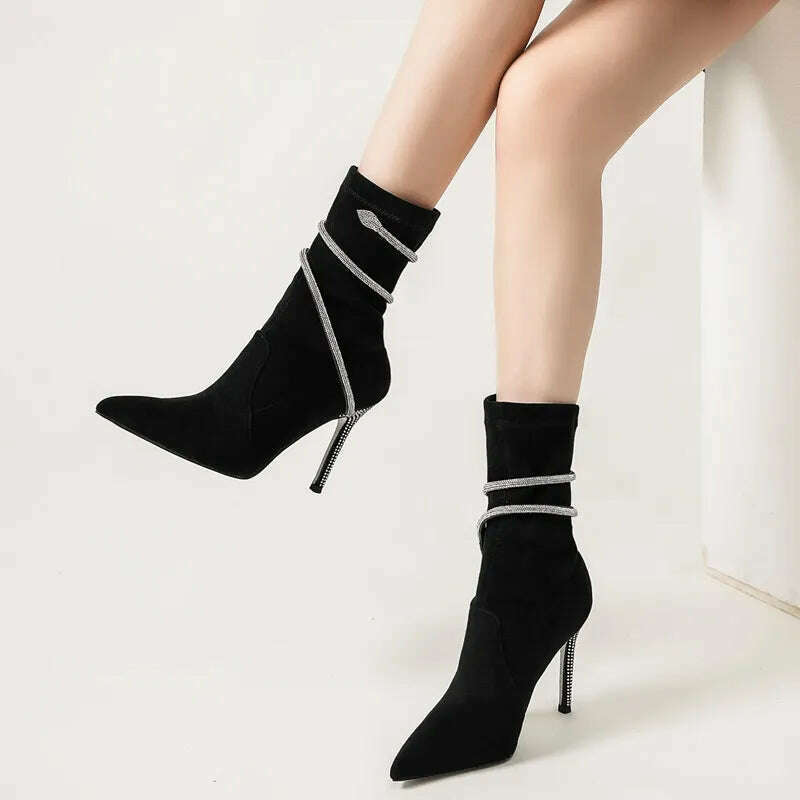 Autumn Winter Fashion Faux Suede Snake Coiled Women Boots Luxury Crystal Stiletto High heels Ankle Boots Shoes Botas Mujer - KIMLUD