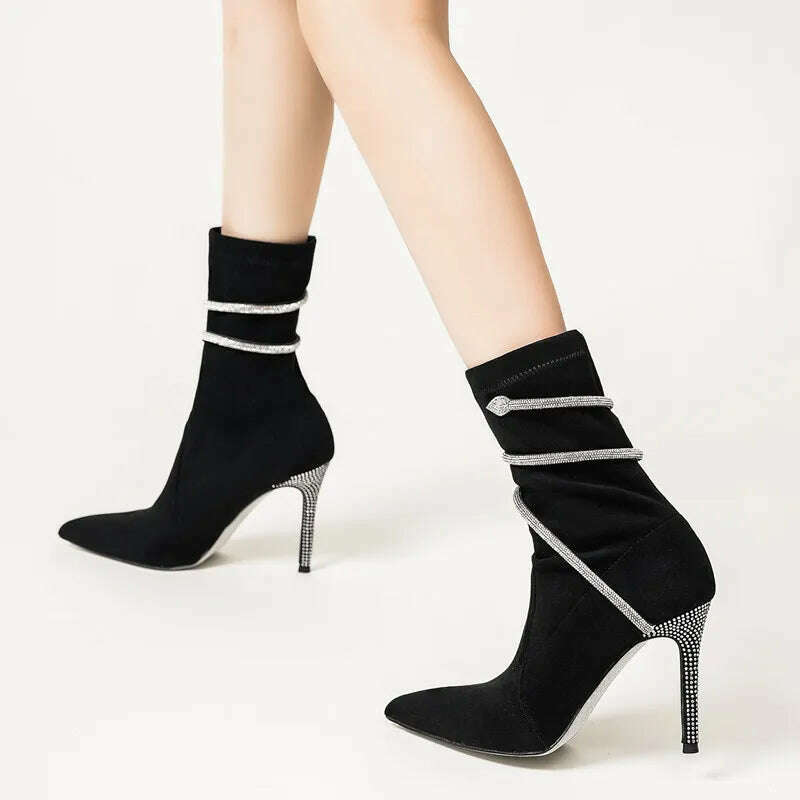Autumn Winter Fashion Faux Suede Snake Coiled Women Boots Luxury Crystal Stiletto High heels Ankle Boots Shoes Botas Mujer - KIMLUD