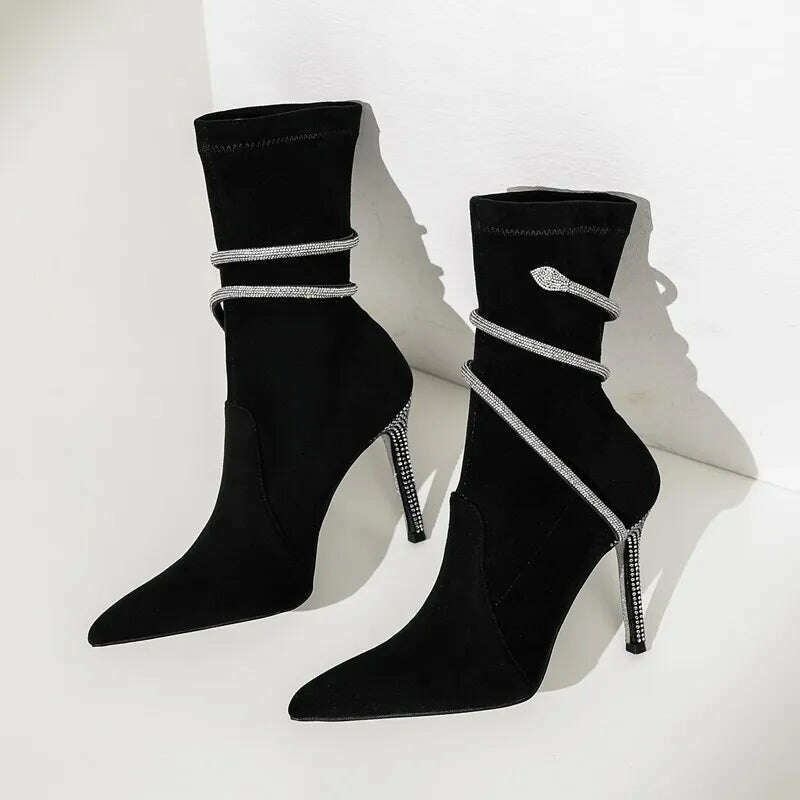 Autumn Winter Fashion Faux Suede Snake Coiled Women Boots Luxury Crystal Stiletto High heels Ankle Boots Shoes Botas Mujer - KIMLUD