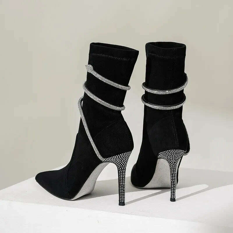 Autumn Winter Fashion Faux Suede Snake Coiled Women Boots Luxury Crystal Stiletto High heels Ankle Boots Shoes Botas Mujer - KIMLUD