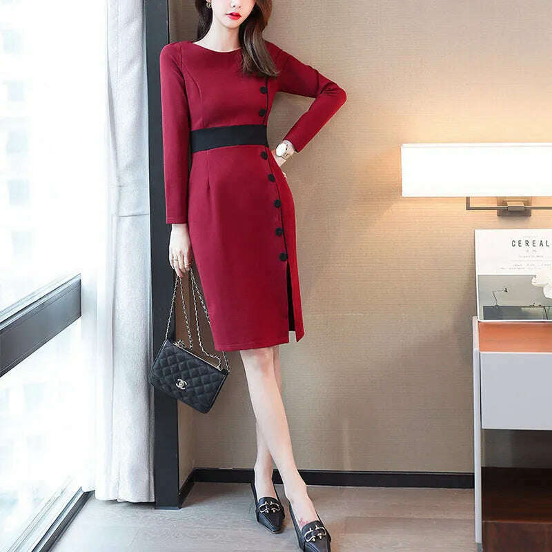 Autumn Winter High Waist Buttons Bodycon Dress Women Elegant Fashion Evening Dresses Ladies Temperament Robe Vestido De Fiesta - KIMLUD