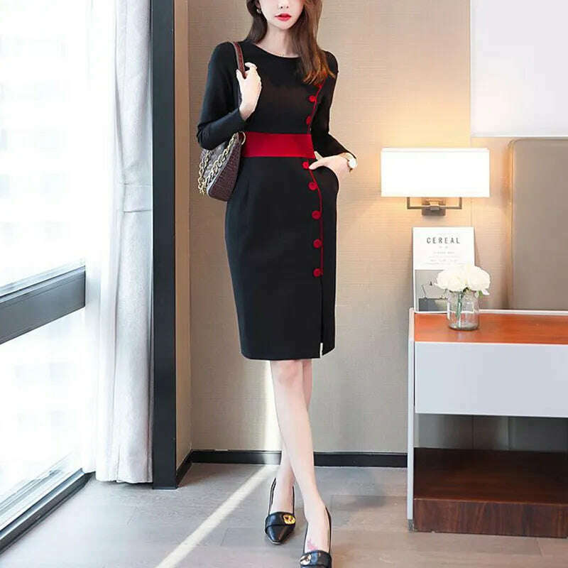 Autumn Winter High Waist Buttons Bodycon Dress Women Elegant Fashion Evening Dresses Ladies Temperament Robe Vestido De Fiesta - KIMLUD