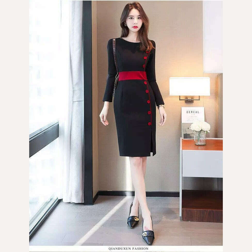 Autumn Winter High Waist Buttons Bodycon Dress Women Elegant Fashion Evening Dresses Ladies Temperament Robe Vestido De Fiesta - KIMLUD