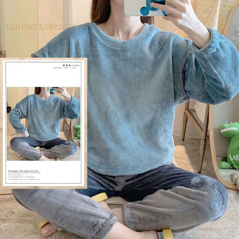 Autumn Winter Kawaii Cartoon Pajama Sets Women Pyjamas Plaid Flannel Loung Sleepwear Girl Pijama Mujer Night Suits Homewear PJ - KIMLUD