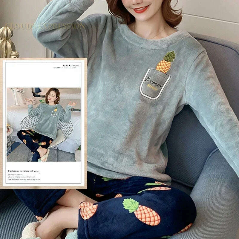 Autumn Winter Kawaii Cartoon Pajama Sets Women Pyjamas Plaid Flannel Loung Sleepwear Girl Pijama Mujer Night Suits Homewear PJ - KIMLUD