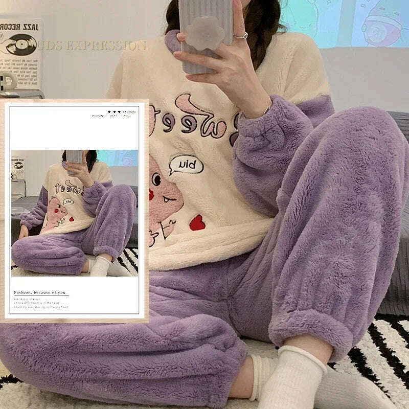 Autumn Winter Kawaii Cartoon Pajama Sets Women Pyjamas Plaid Flannel Loung Sleepwear Girl Pijama Mujer Night Suits Homewear PJ - KIMLUD