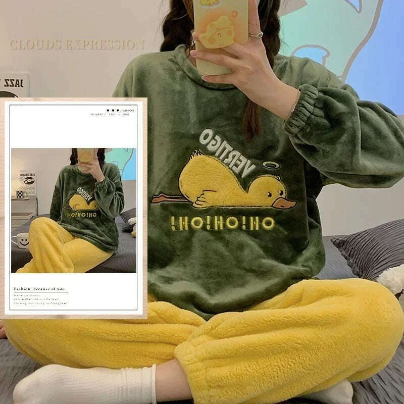 Autumn Winter Kawaii Cartoon Pajama Sets Women Pyjamas Plaid Flannel Loung Sleepwear Girl Pijama Mujer Night Suits Homewear PJ - KIMLUD
