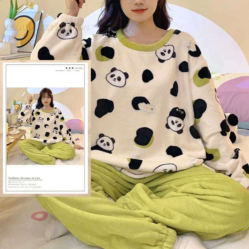 Autumn Winter Kawaii Cartoon Pajama Sets Women Pyjamas Plaid Flannel Loung Sleepwear Girl Pijama Mujer Night Suits Homewear PJ - KIMLUD