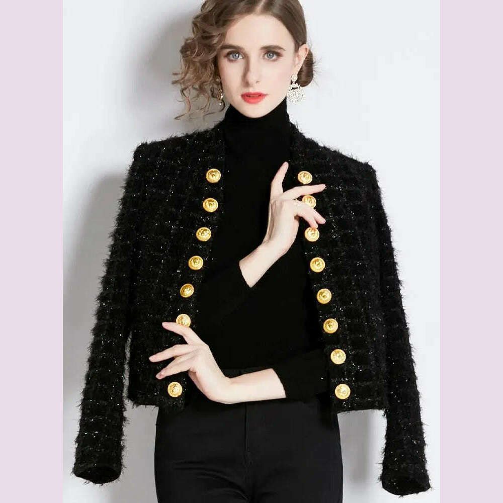 Autumn Winter New Metal Double Breasted Tassel Bright Silk Wool Jacket Coat Women Black Tweed Short Cardigan Slim Outwear Top - KIMLUD
