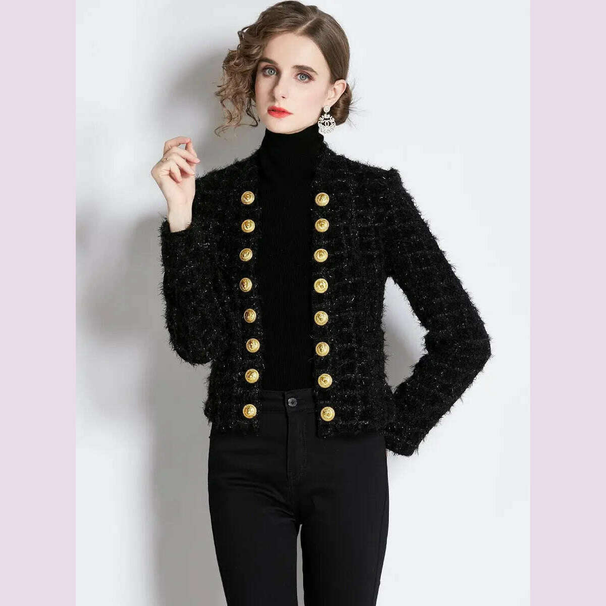 Autumn Winter New Metal Double Breasted Tassel Bright Silk Wool Jacket Coat Women Black Tweed Short Cardigan Slim Outwear Top - KIMLUD