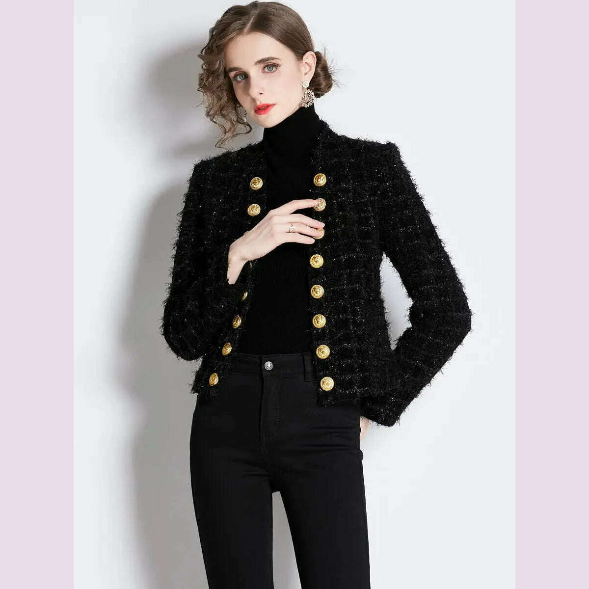Autumn Winter New Metal Double Breasted Tassel Bright Silk Wool Jacket Coat Women Black Tweed Short Cardigan Slim Outwear Top - KIMLUD