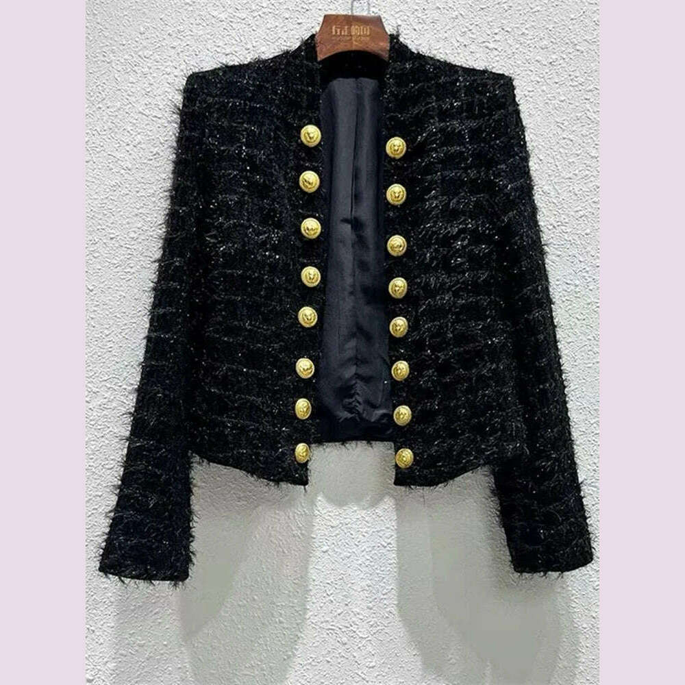 Autumn Winter New Metal Double Breasted Tassel Bright Silk Wool Jacket Coat Women Black Tweed Short Cardigan Slim Outwear Top - KIMLUD