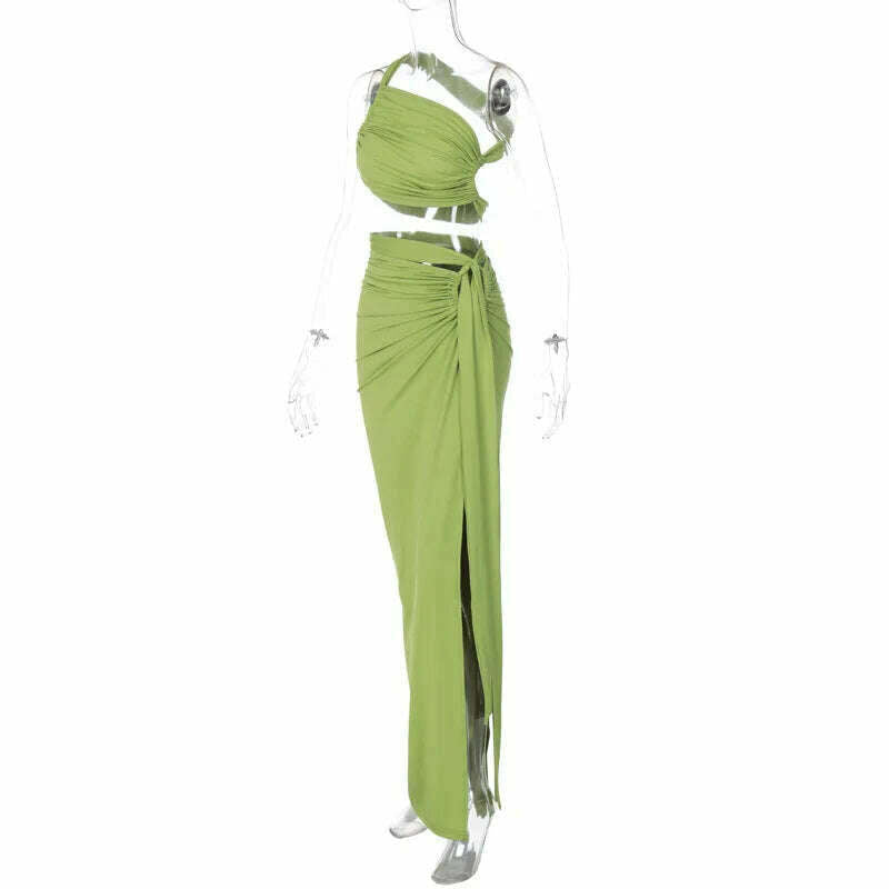 Autumn Winter One Shoulder Bodycon Dress Suits Women Backless Crop Top Split Long Skirt Two Piece Matching Sets Outfits Party - KIMLUD