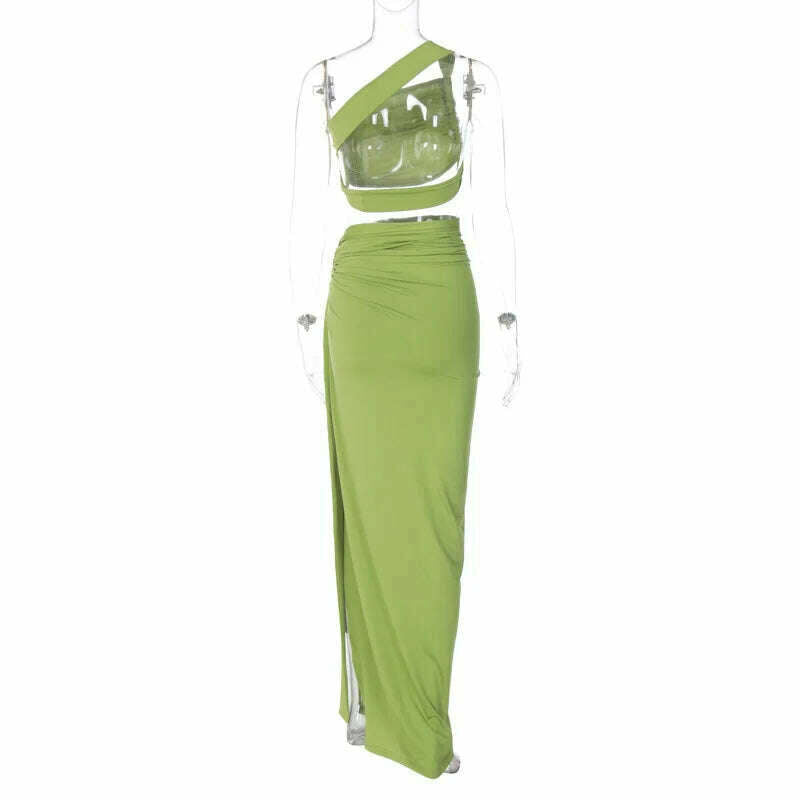 Autumn Winter One Shoulder Bodycon Dress Suits Women Backless Crop Top Split Long Skirt Two Piece Matching Sets Outfits Party - KIMLUD