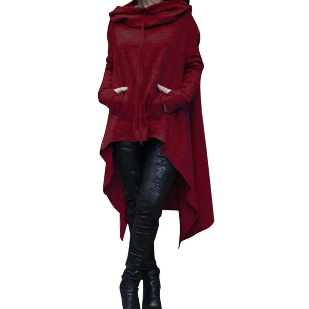 Autumn Winter Women Irregular Draw Cord Coat Long Sleeve Loose Casual Poncho Hooded Pullover Long Hoodies Sweatshirts - KIMLUD