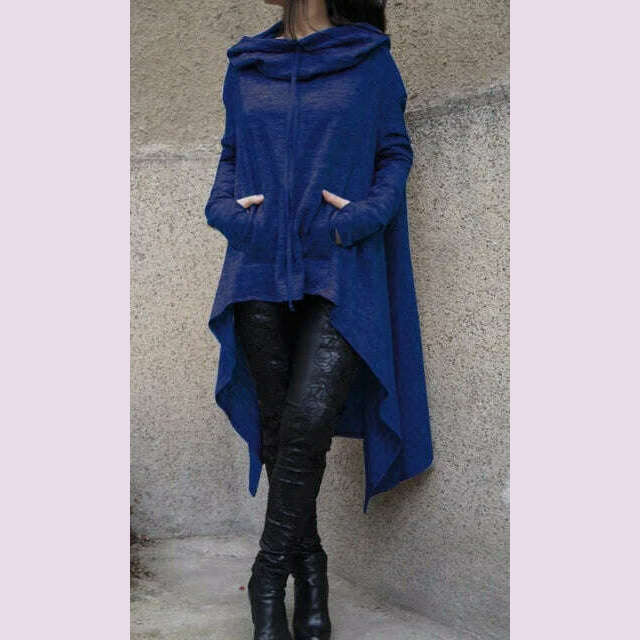 Autumn Winter Women Irregular Draw Cord Coat Long Sleeve Loose Casual Poncho Hooded Pullover Long Hoodies Sweatshirts - KIMLUD