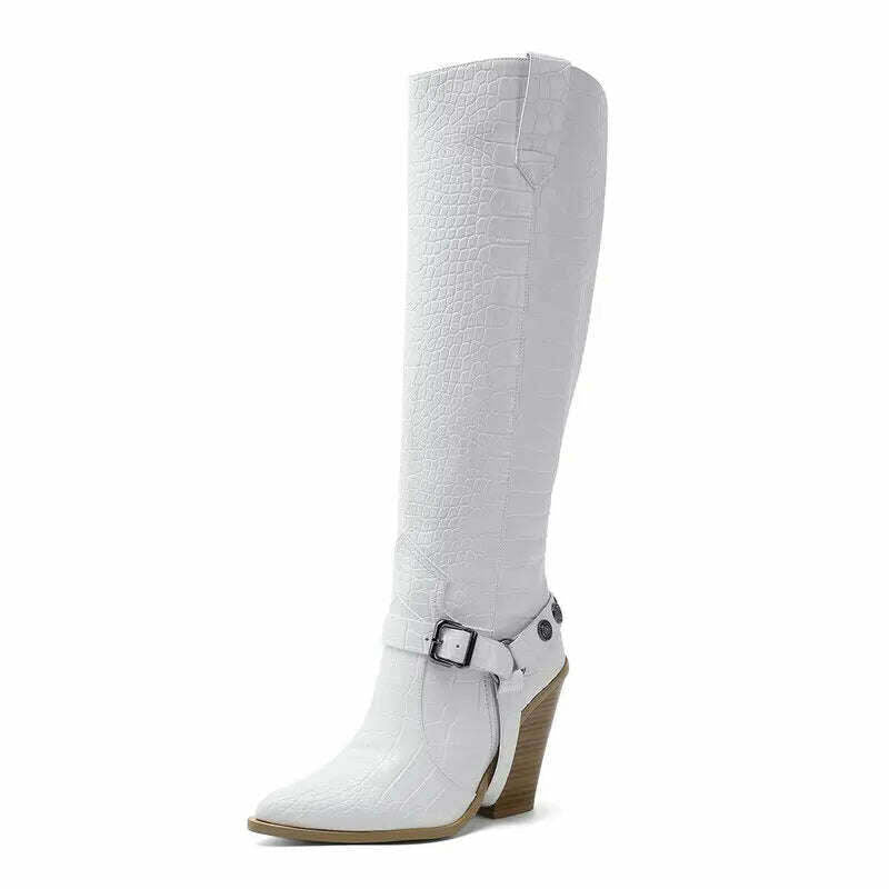 Autumn Women Boots Fashion Buckle Knee High Boots Pu Leather Wedges High Heel Long Boots Pointed Toe Winter Woman Shoes - KIMLUD