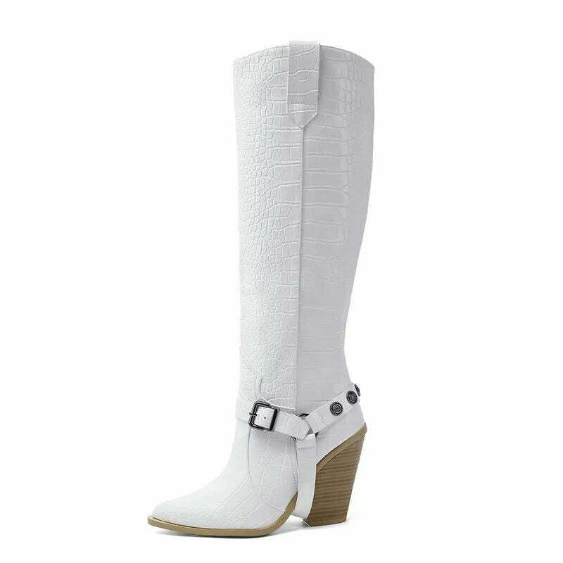 Autumn Women Boots Fashion Buckle Knee High Boots Pu Leather Wedges High Heel Long Boots Pointed Toe Winter Woman Shoes - KIMLUD