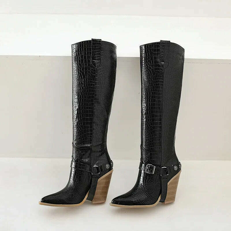 Autumn Women Boots Fashion Buckle Knee High Boots Pu Leather Wedges High Heel Long Boots Pointed Toe Winter Woman Shoes - KIMLUD