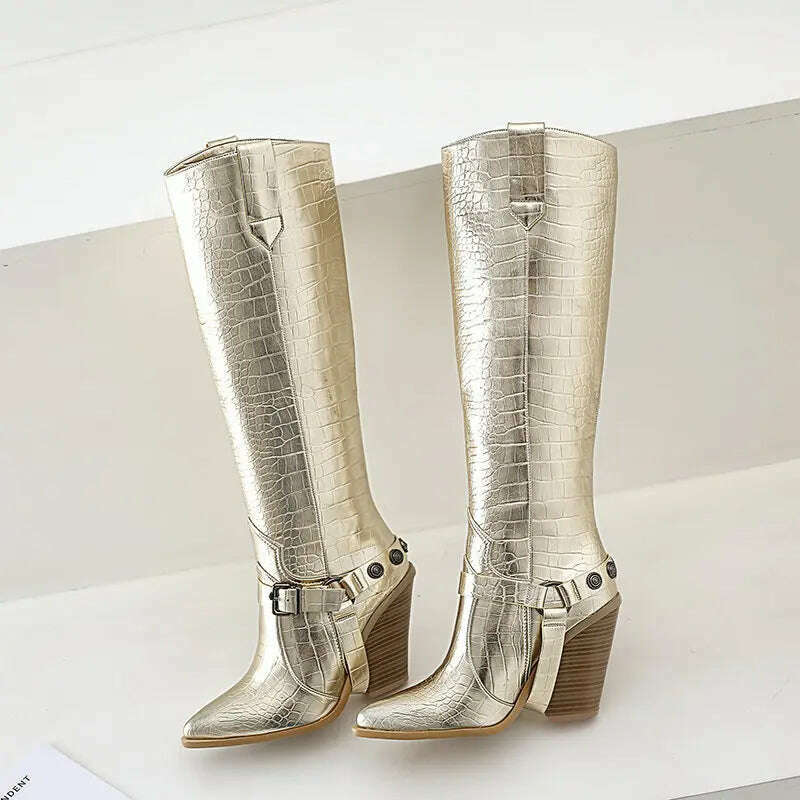 Autumn Women Boots Fashion Buckle Knee High Boots Pu Leather Wedges High Heel Long Boots Pointed Toe Winter Woman Shoes - KIMLUD