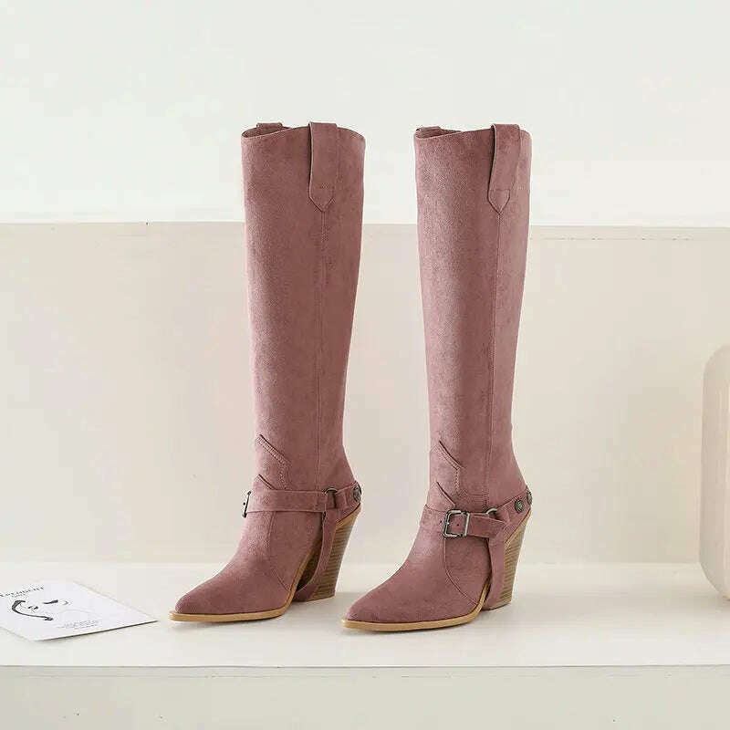 Autumn Women Boots Fashion Buckle Knee High Boots Pu Leather Wedges High Heel Long Boots Pointed Toe Winter Woman Shoes - KIMLUD