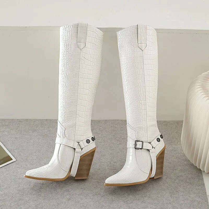 Autumn Women Boots Fashion Buckle Knee High Boots Pu Leather Wedges High Heel Long Boots Pointed Toe Winter Woman Shoes - KIMLUD