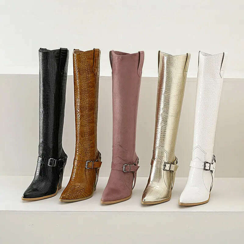 Autumn Women Boots Fashion Buckle Knee High Boots Pu Leather Wedges High Heel Long Boots Pointed Toe Winter Woman Shoes - KIMLUD