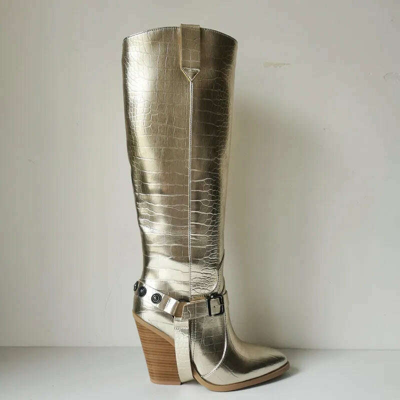 Autumn Women Boots Fashion Buckle Knee High Boots Pu Leather Wedges High Heel Long Boots Pointed Toe Winter Woman Shoes - KIMLUD