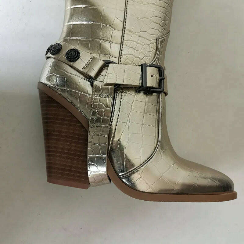 Autumn Women Boots Fashion Buckle Knee High Boots Pu Leather Wedges High Heel Long Boots Pointed Toe Winter Woman Shoes - KIMLUD