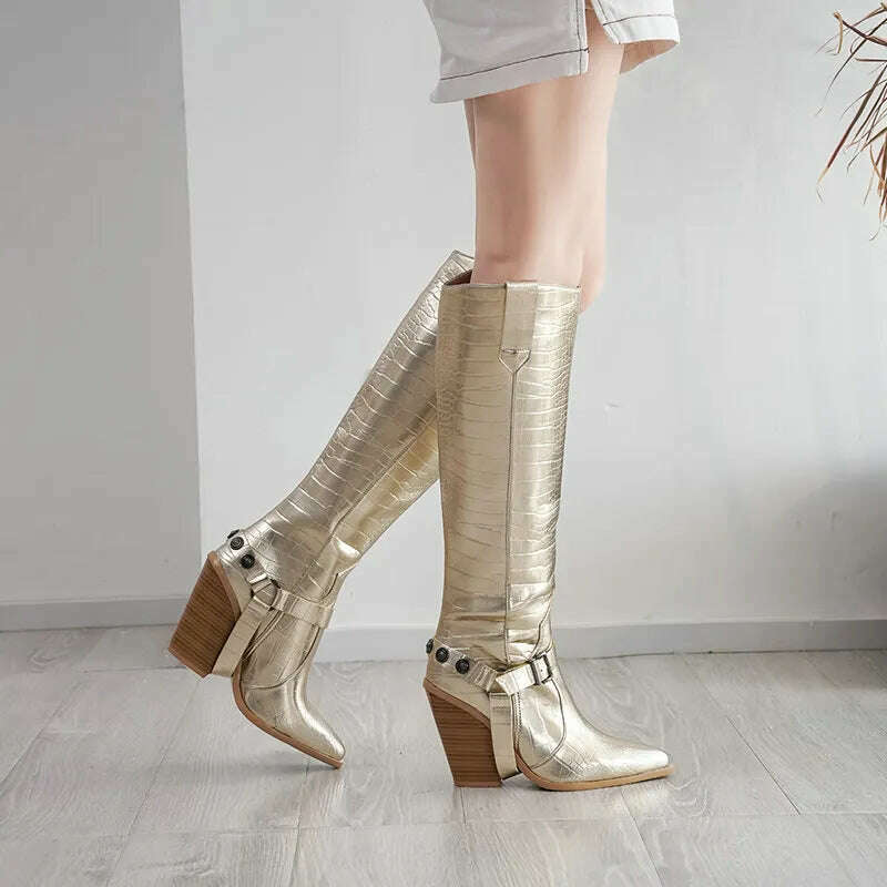 Autumn Women Boots Fashion Buckle Knee High Boots Pu Leather Wedges High Heel Long Boots Pointed Toe Winter Woman Shoes - KIMLUD