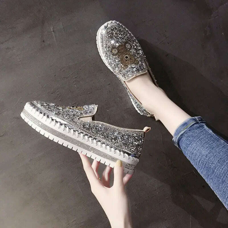 Autumn Women Thick Bottom Sneaker Running Fashion Designer Woman Shoes Trend 2023 Casual Canvas Mirror Luxury Rhinestone Spring - KIMLUD