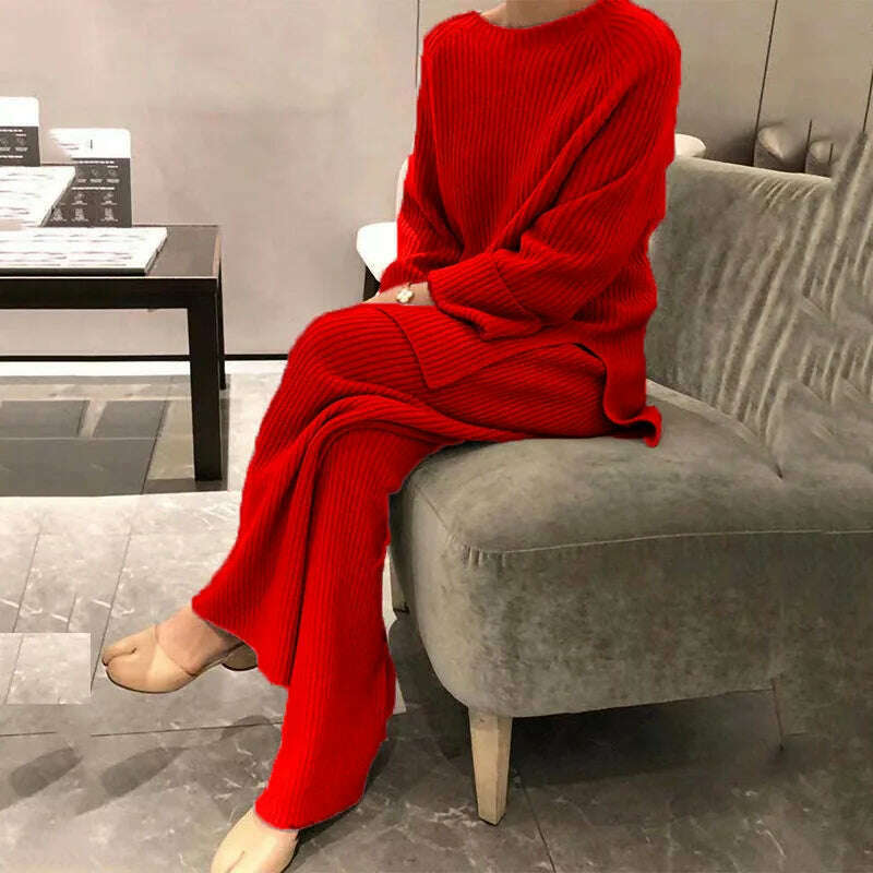 KIMLUD, Autumn/winter Fashion Casual O-Neck Pullover Tops Knitted Pant New Homewear Pajama Winter Solid Women Two Piece Set Homewear, red / XXXL, KIMLUD APPAREL - Womens Clothes