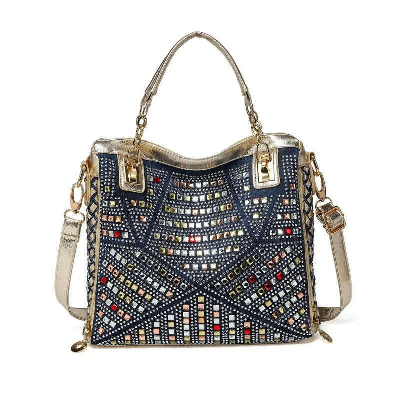 Bag women 2022 new women's bag denim colored diamond shoulder messenger bag casual luxury design tote bag - KIMLUD