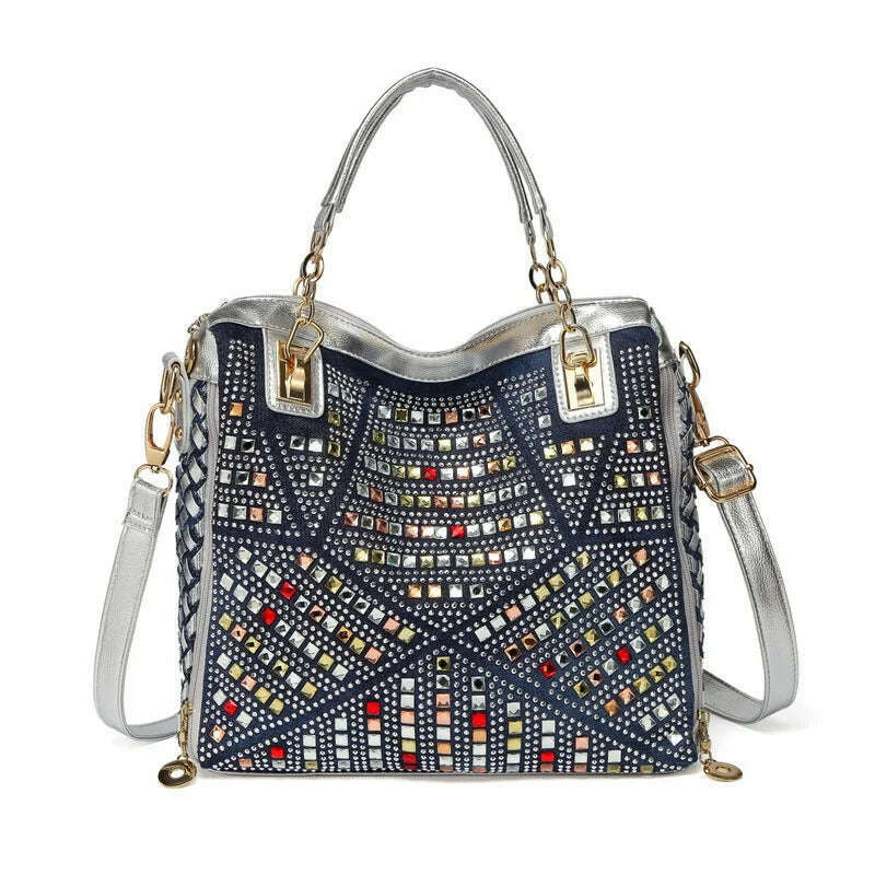 Bag women 2022 new women's bag denim colored diamond shoulder messenger bag casual luxury design tote bag - KIMLUD