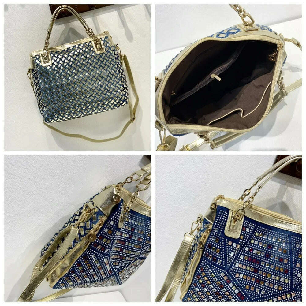 Bag women 2022 new women's bag denim colored diamond shoulder messenger bag casual luxury design tote bag - KIMLUD