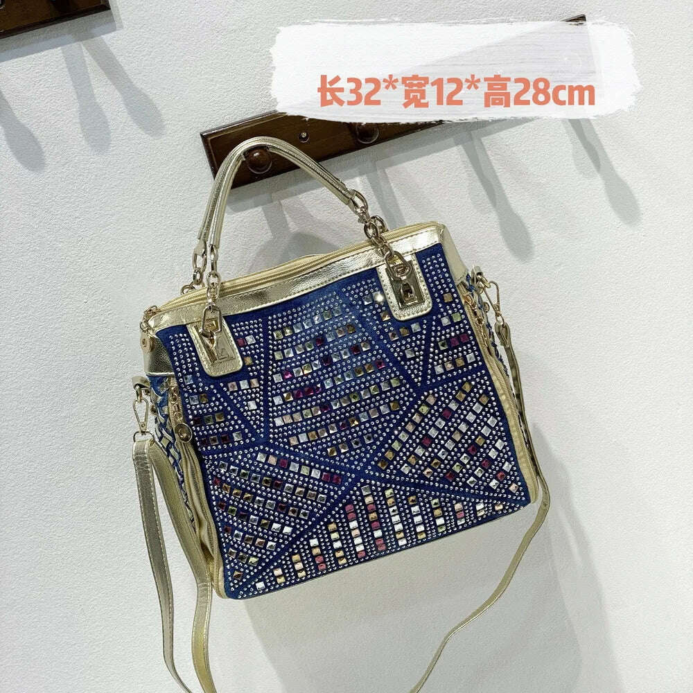 Bag women 2022 new women's bag denim colored diamond shoulder messenger bag casual luxury design tote bag - KIMLUD