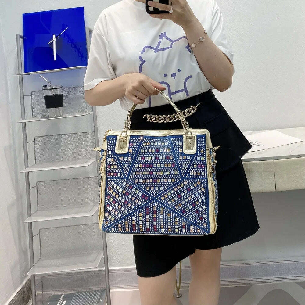 Bag women 2022 new women's bag denim colored diamond shoulder messenger bag casual luxury design tote bag - KIMLUD